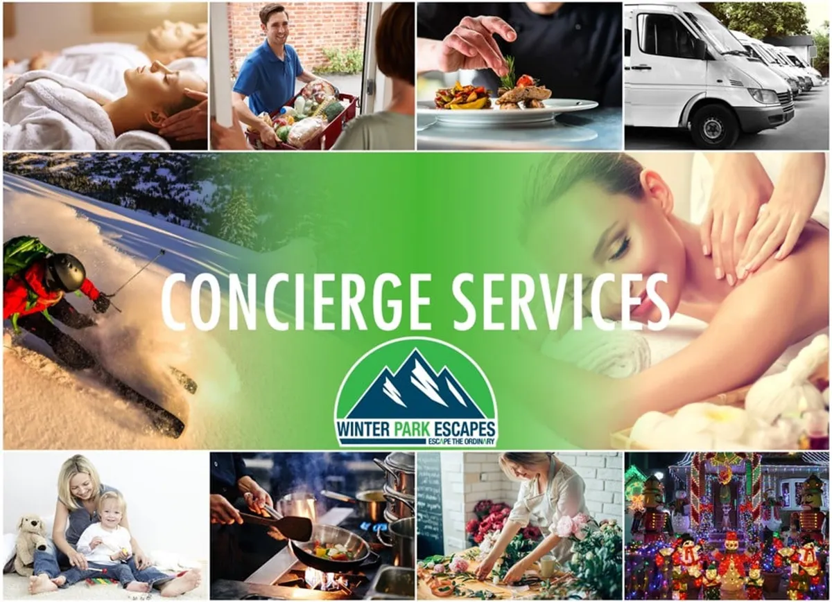 A dynamic collage scene featuring a skier in action, a woman receiving a massage, a family with a child, a chef cooking, a delivery person, a table with gourmet food, and festive decorations. The image conveys a wide variety of luxury experiences, from adventure sports to in-room spa treatments and private chef services, all under one roof.