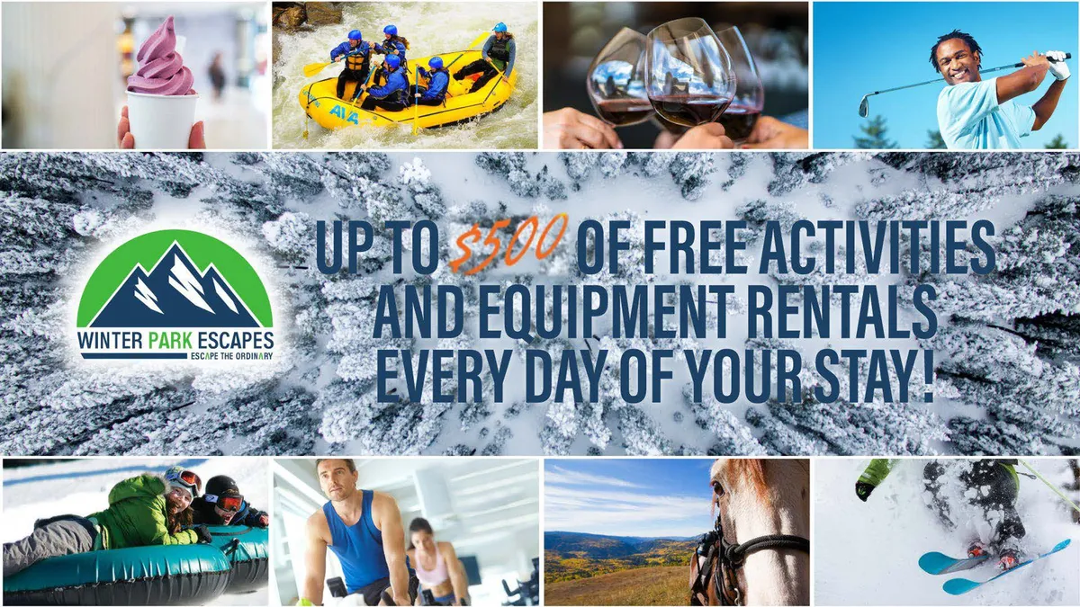 A dynamic collage-style interior image showcasing both outdoor activities like rafting, skiing, and horseback riding and moments of indoor relaxation and gourmet dining. It conveys a balance between high-energy adventure and soothing downtime after a long day outside.