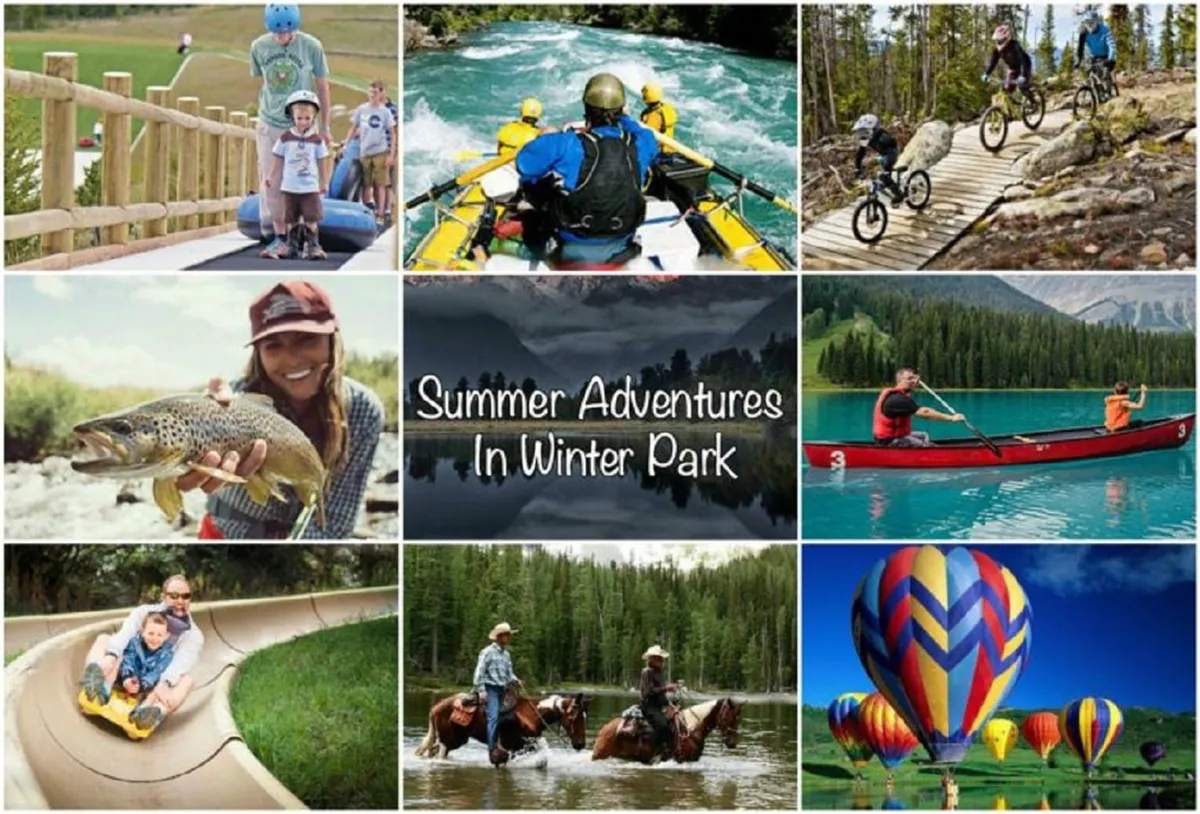 A vibrant scene filled with family activities and outdoor adventures like rafting, biking, fishing, horseback riding, water sliding, and hot air ballooning. The image exudes joy and excitement, highlighting opportunities for memorable family outings and recreation.